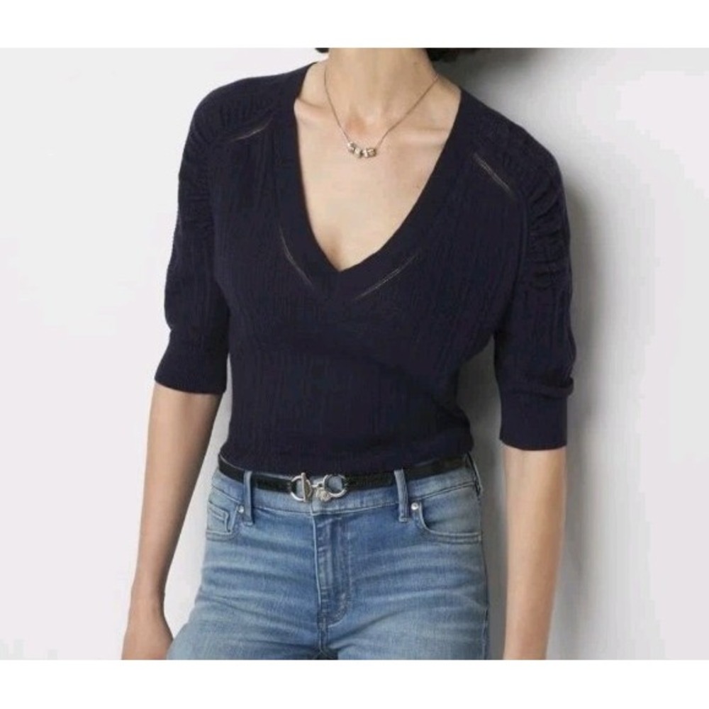 White House Black Market Cashmere-Blend Elbow-Sleeve Shirred Sweater Navy Sz XS
